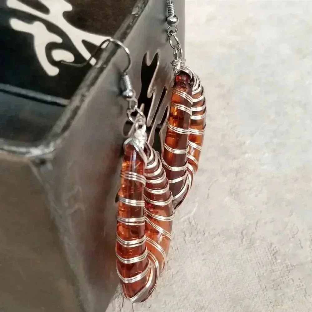 Handcrafted Retro 80s Statement Orange Lucite Open Teardrop Wire Wrap Earrings